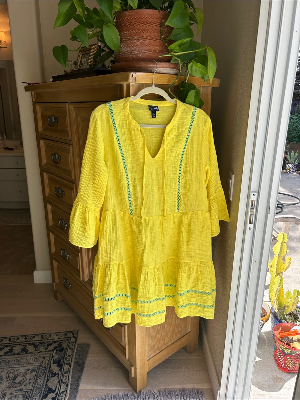 Scoop brand….Yellow Tiered Tunic Dress with turquoise Embroidered Accents